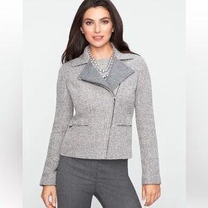 Talbots Wool Blend Gray Tweed Metallic Full Zip Pocket Moto Jacket Sz 2P
